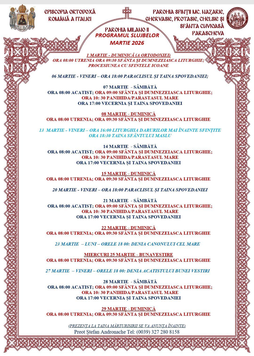 Program Slujbe - Parohia Milano 2 - Program Slujbe